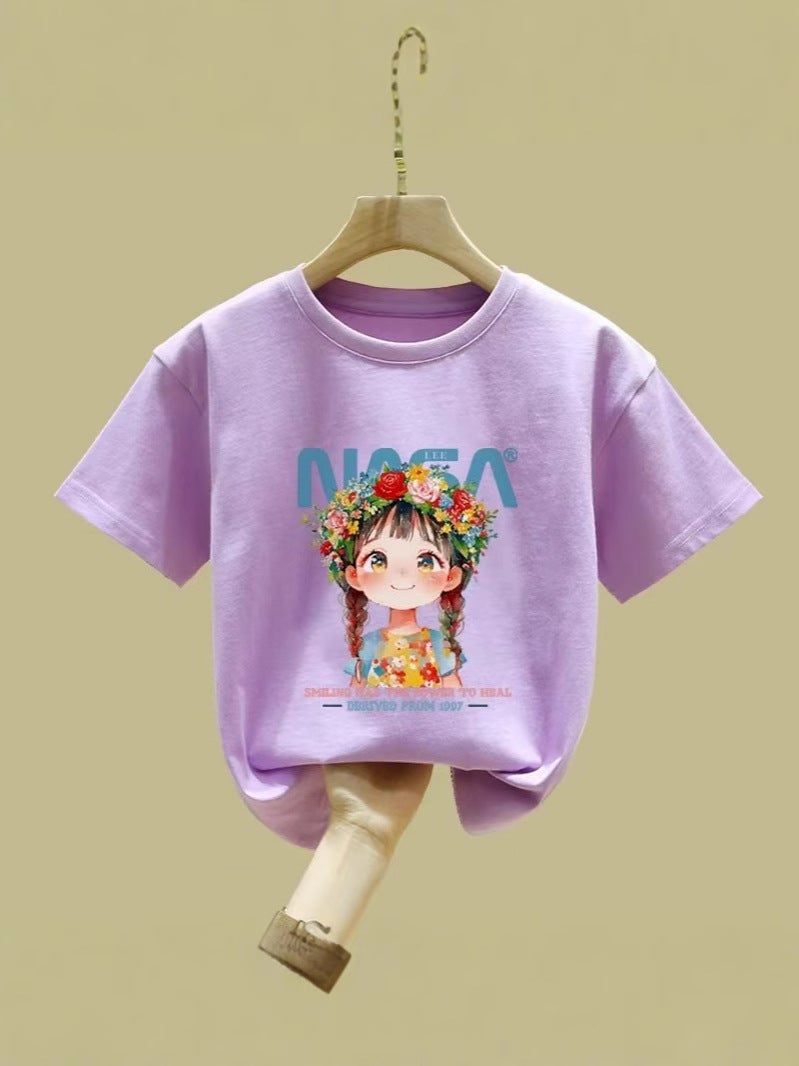 Girls' Short-Sleeved T-Shirt Pink Summer Mid-Large Children'S Cotton Half-Sleeved Children'S Round Neck Top T-Shirt - Image 5