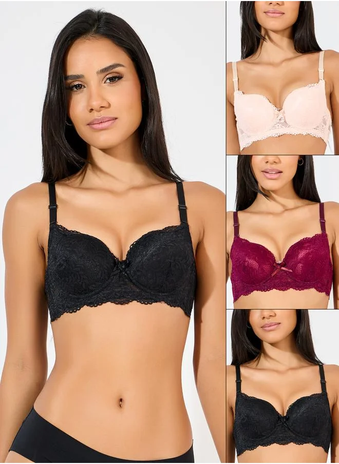 Styli Pack of 3 - Padded Wired Scalloped Edge Lace T-Shirt Bra