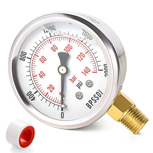 BPSSDI 0-2000 Psi Glycerin Liquid Filled Hydraulic High Pressure Gauge, 2.5" Dial Size, 1/4" NPT Lower Mount, 304 Stainless Steel Case, for Water Oil Air Gas Pressure Test - Image 1