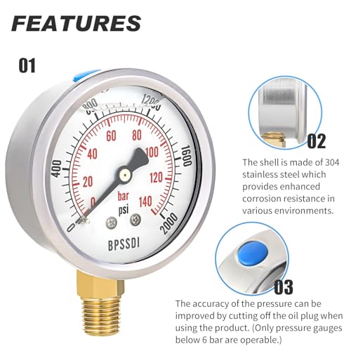 BPSSDI 0-2000 Psi Glycerin Liquid Filled Hydraulic High Pressure Gauge, 2.5" Dial Size, 1/4" NPT Lower Mount, 304 Stainless Steel Case, for Water Oil Air Gas Pressure Test - Image 4