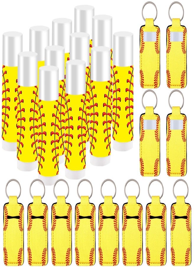 Lonfliness 12 Sets Softball Party Favors Lip Balm and Lipstick Holder Keychain Bulk Sport Ball Team Gifts Natural Moisturizing Lip Balm Keychains Portable Pouch for Team Softball Sports Party Supplies - Image 1