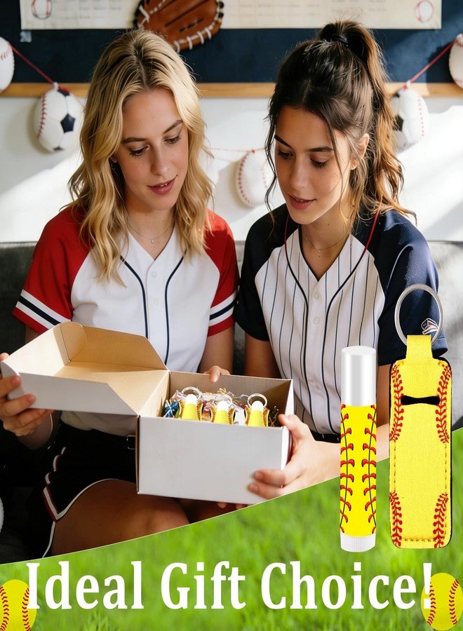 Lonfliness 12 Sets Softball Party Favors Lip Balm and Lipstick Holder Keychain Bulk Sport Ball Team Gifts Natural Moisturizing Lip Balm Keychains Portable Pouch for Team Softball Sports Party Supplies - Image 2