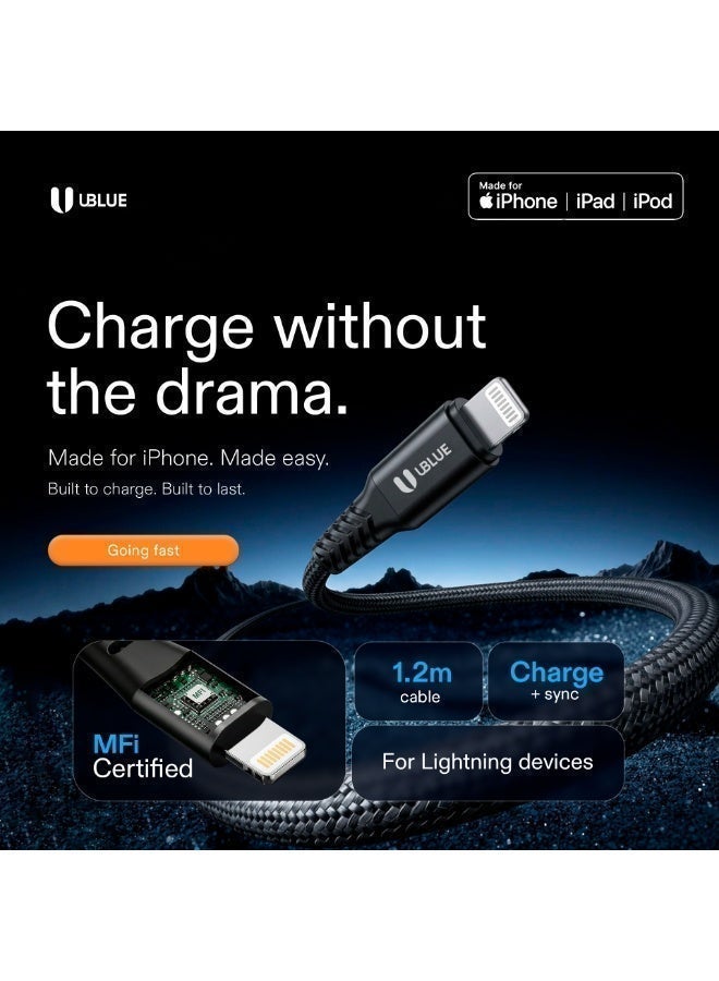 يوبلو كابل UBLUE من USB-C إلى Lightning، معتمد من MFi، يدعم الشحن ونقل البيانات من النوع C، بطول 1.2 متر، متوافق مع أجهزة iPhone 12/13/14 Pro/Plus/Pro Max، وجميع سلاسل iPhone من 8 إلى 13، وأجهزة iPad - Image 3