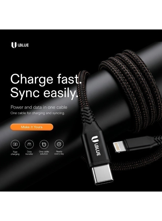 يوبلو كابل UBLUE من USB-C إلى Lightning، معتمد من MFi، يدعم الشحن ونقل البيانات من النوع C، بطول 1.2 متر، متوافق مع أجهزة iPhone 12/13/14 Pro/Plus/Pro Max، وجميع سلاسل iPhone من 8 إلى 13، وأجهزة iPad - Image 2