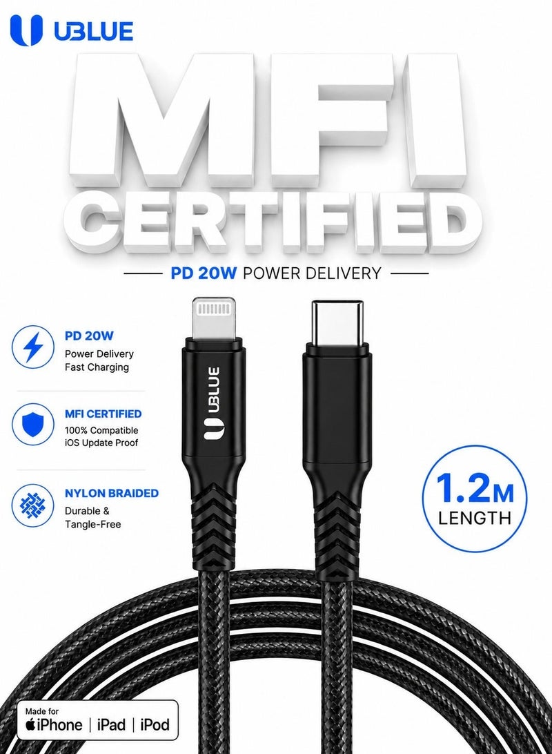 يوبلو كابل UBLUE من USB-C إلى Lightning، معتمد من MFi، يدعم الشحن ونقل البيانات من النوع C، بطول 1.2 متر، متوافق مع أجهزة iPhone 12/13/14 Pro/Plus/Pro Max، وجميع سلاسل iPhone من 8 إلى 13، وأجهزة iPad - Image 1