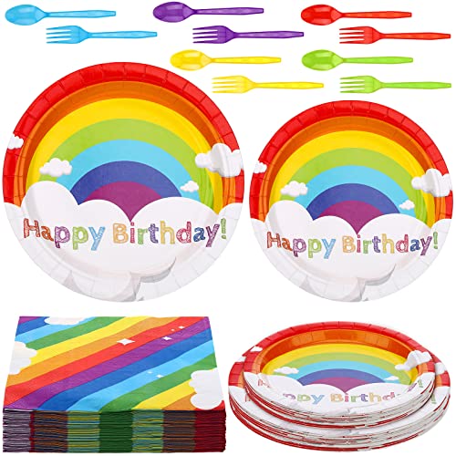 Jetec 240 Pcs Rainbow Birthday Party Supplies for 40 Guests Includes 7  9 Happy Birthday Plates Napkins and Disposable Forks Spoons Colorful Party Decorations Set for Bridal Shower Rainbow - Image 1