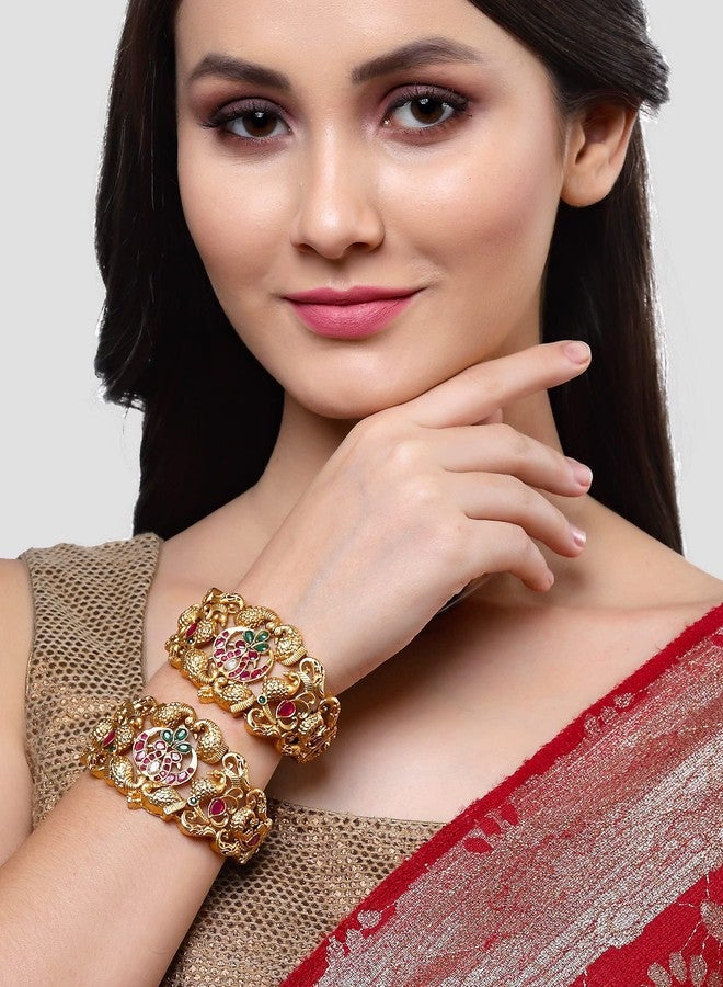 Karatcart Set of 2 Antique Gold Plated Peacock Design Rajwadi Temple Bangles for Women - Image 3