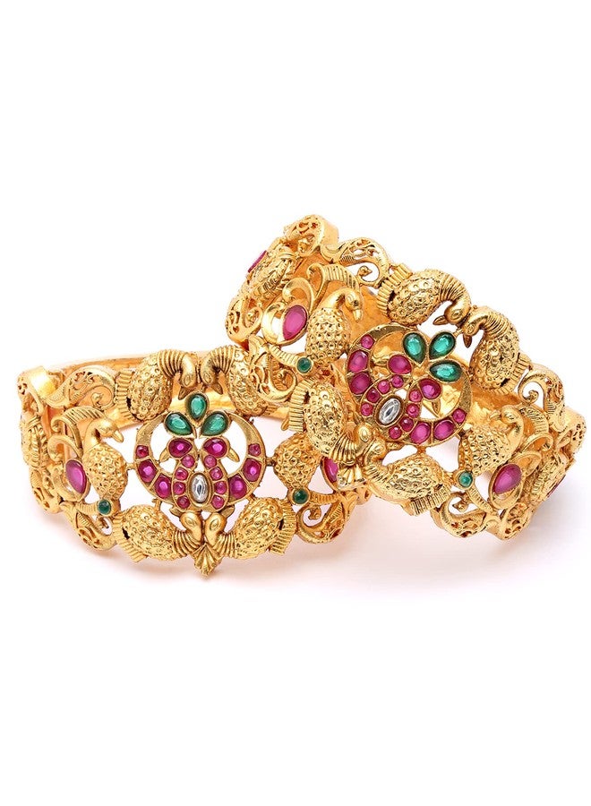 Karatcart Set of 2 Antique Gold Plated Peacock Design Rajwadi Temple Bangles for Women - Image 5