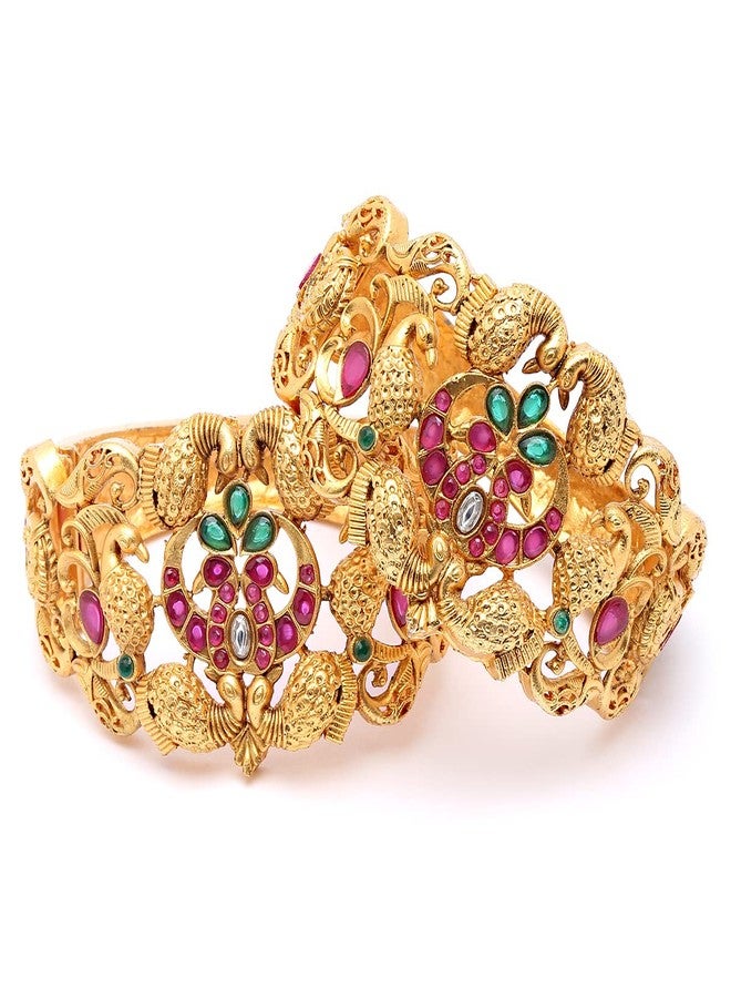 Karatcart Set of 2 Antique Gold Plated Peacock Design Rajwadi Temple Bangles for Women - Image 1