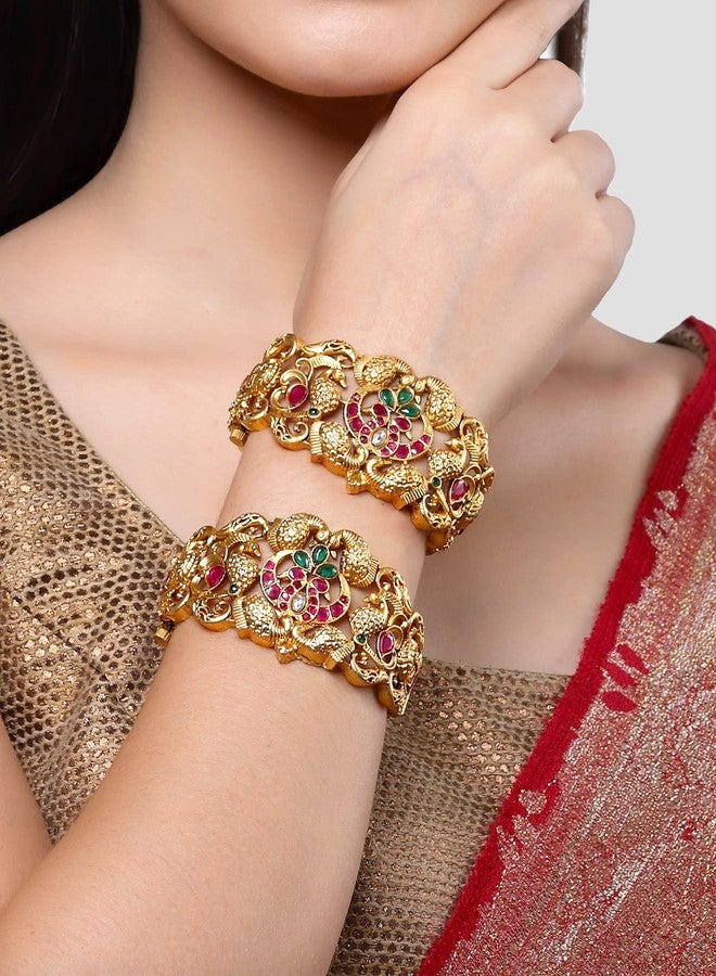 Karatcart Set of 2 Antique Gold Plated Peacock Design Rajwadi Temple Bangles for Women - Image 2