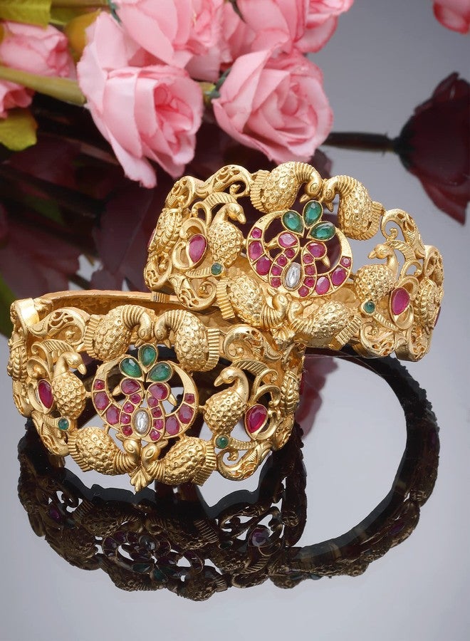 Karatcart Set of 2 Antique Gold Plated Peacock Design Rajwadi Temple Bangles for Women - Image 4