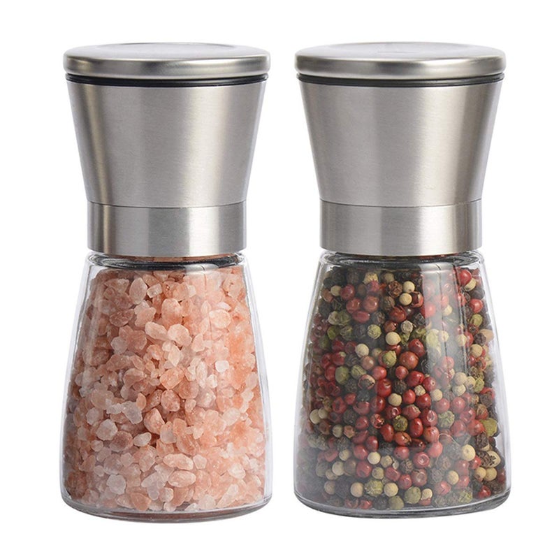 Salt and Pepper Grinder Set of 2 Premium Stainless Steel Spice Mill with Adjustable Coarseness Ceramic Blades Refillable Glass Body with 60Z capacity