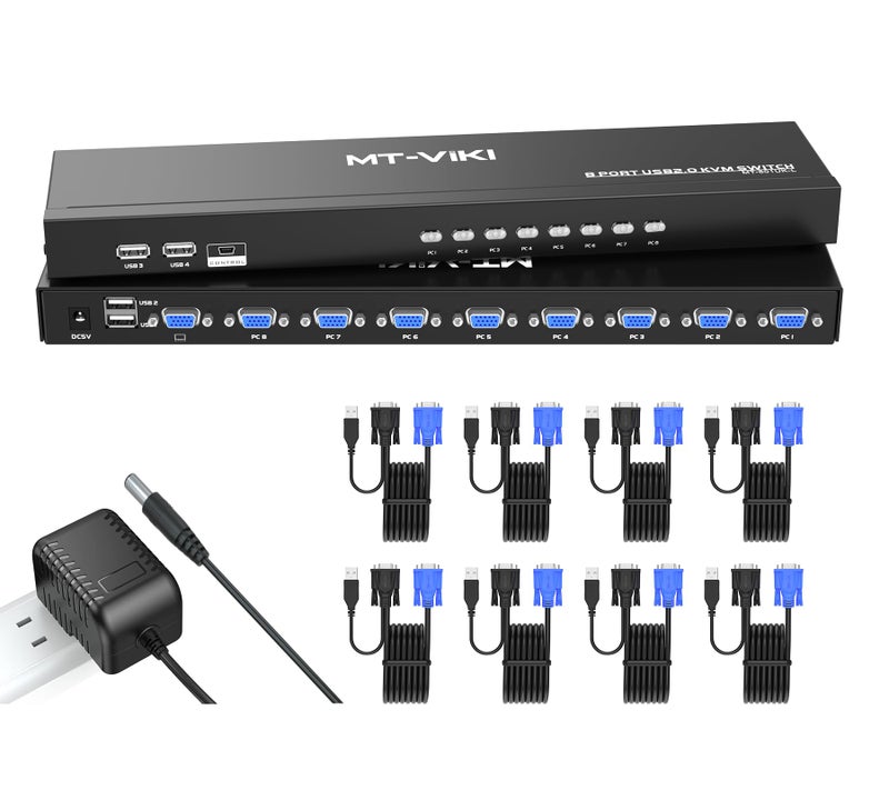 MT-VIKI 8 Port KVM VGA Switch, Rack Mount KVM Switch 8x1, Included 8 VGA KVM Cable+ Wire-Desktop Controller+ Rack Ears - Image 1