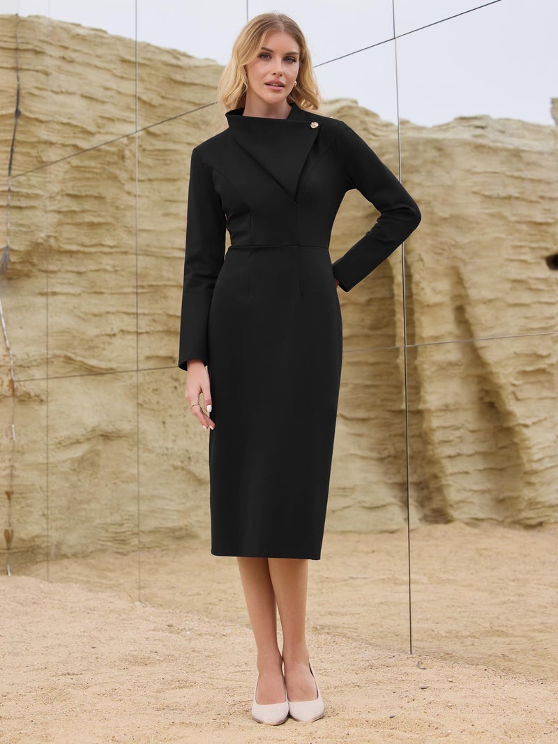 Hobemty Women's Elegant Pencil Dress Lapel V Neck Long Sleeve 2025 Trendy Work Knee Length Dresses XX-Large Black - Image 3