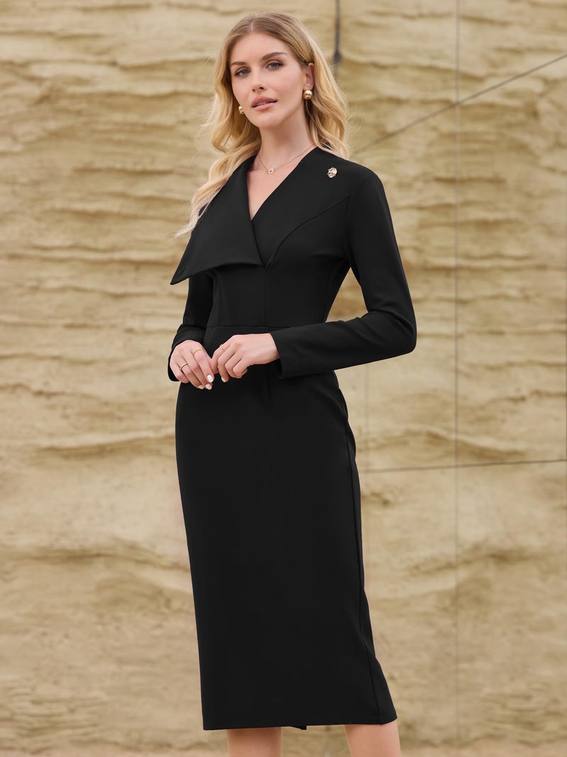 Hobemty Women's Elegant Pencil Dress Lapel V Neck Long Sleeve 2025 Trendy Work Knee Length Dresses XX-Large Black - Image 2