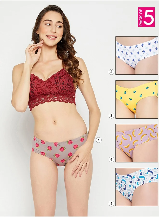 كلوفيا Clovia Pack of 5 Mid Waist Printed Hipster Panty with Inner Elastic - Cotton