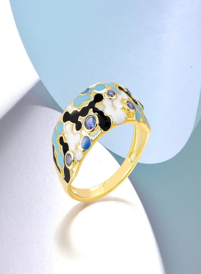 Santuzza 925 Sterling Silver Enamel White & Black Mosaic Pattern Ring Blue Nano Cubic Zirconia Statement Ring for Women (8) - Image 3