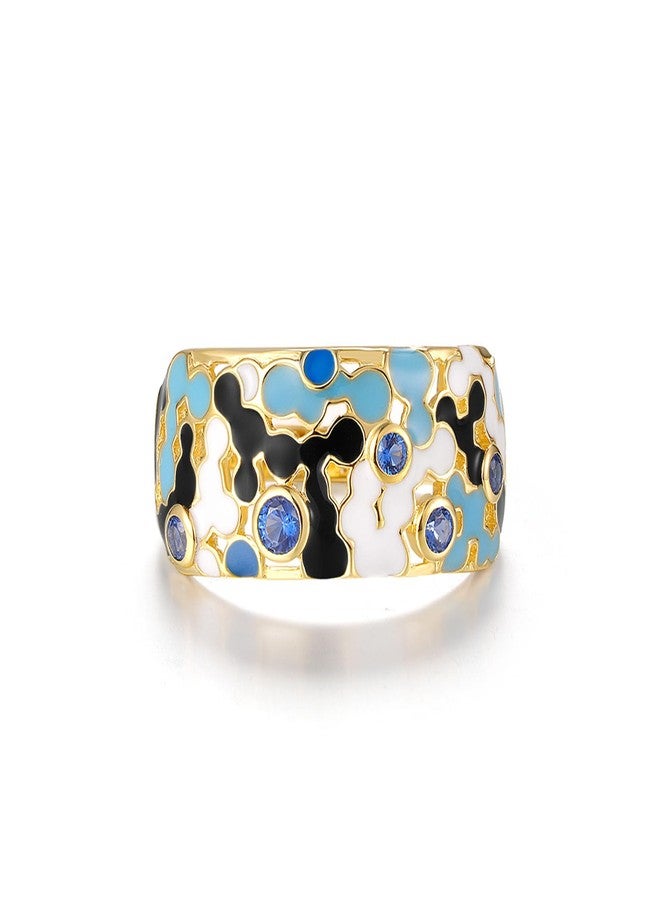 Santuzza 925 Sterling Silver Enamel White & Black Mosaic Pattern Ring Blue Nano Cubic Zirconia Statement Ring for Women (8) - Image 2