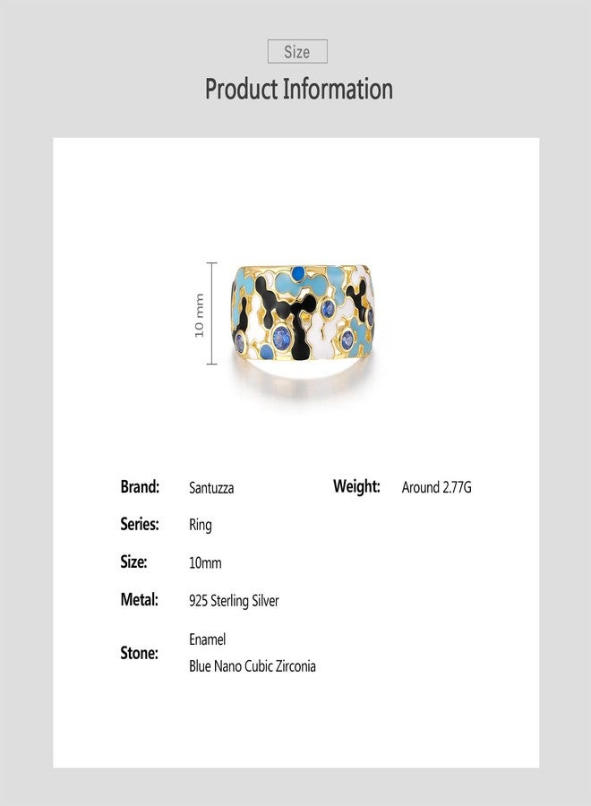 Santuzza 925 Sterling Silver Enamel White & Black Mosaic Pattern Ring Blue Nano Cubic Zirconia Statement Ring for Women (8) - Image 4