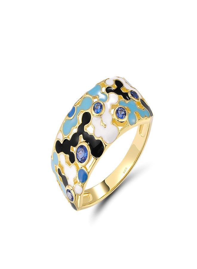 Santuzza 925 Sterling Silver Enamel White & Black Mosaic Pattern Ring Blue Nano Cubic Zirconia Statement Ring for Women (8) - Image 1