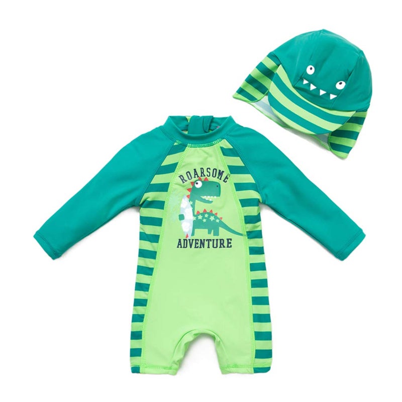 upandfast Kids One Piece Zip Sunsuit With Sun Hat UPF 50+ Sun Protection Baby Beach Swimsuit (Dinosaur, 3-6 Months) - Image 1