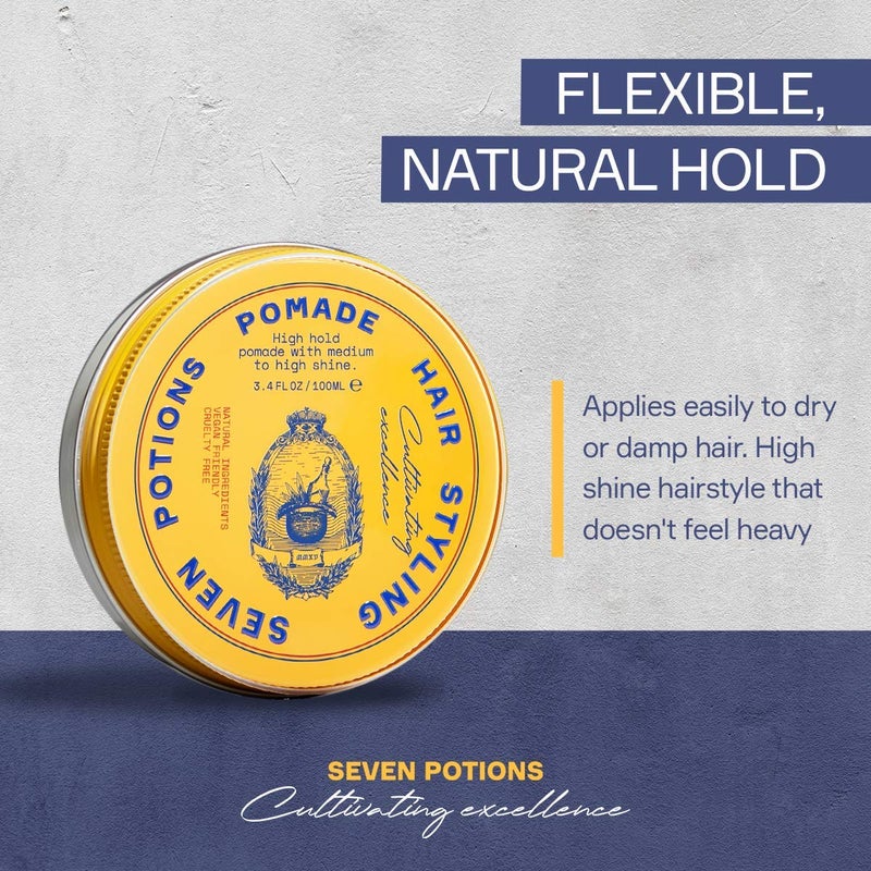 SEVEN POTIONS Menâ€™s Hair Pomade â€” High Shine, High Hold, Water-Based â€” Barber-Grade Styling for Slick Back, Pompadour & Side Part â€” Natural, Vegan, Cruelty-Free â€” 3.4 fl oz / 100ml - Image 3