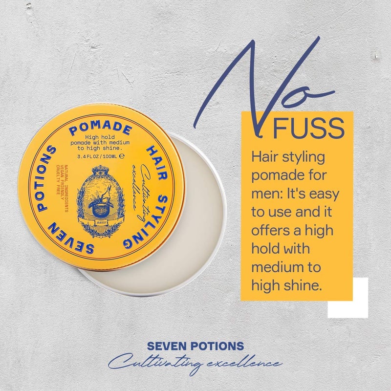 SEVEN POTIONS Menâ€™s Hair Pomade â€” High Shine, High Hold, Water-Based â€” Barber-Grade Styling for Slick Back, Pompadour & Side Part â€” Natural, Vegan, Cruelty-Free â€” 3.4 fl oz / 100ml - Image 2