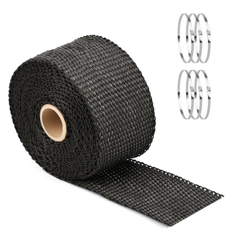 Opvixi Exhaust Heat Wrap Roll, 2" x 16' Fiberglass Heat Shield Tape, Black Header Wrap with 6 pcs Stainless Ties for Motorcycle Car Truck Exhaust Pipes - Image 1