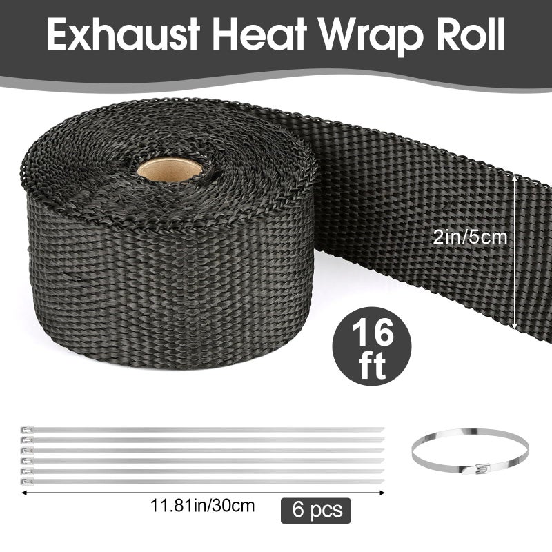 Opvixi Exhaust Heat Wrap Roll, 2" x 16' Fiberglass Heat Shield Tape, Black Header Wrap with 6 pcs Stainless Ties for Motorcycle Car Truck Exhaust Pipes - Image 2