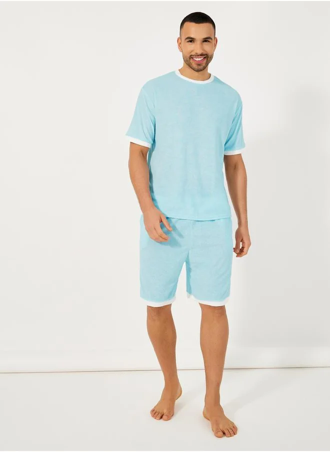 Styli Towel Knit T-Shirt & Contrast Trim Shorts Set