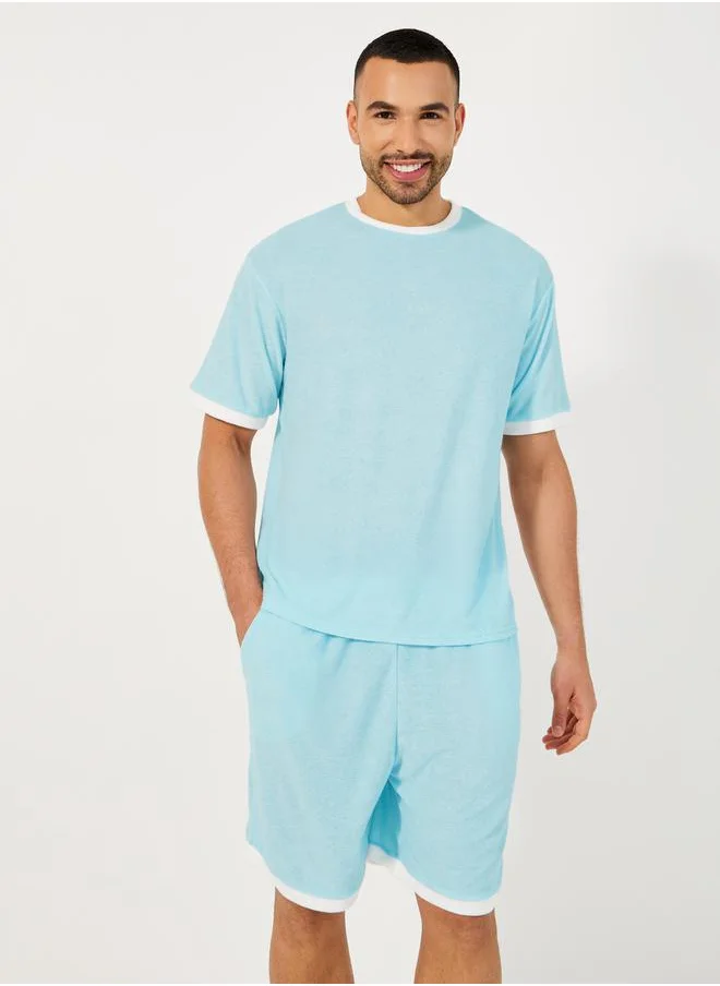 Styli Towel Knit T-Shirt & Contrast Trim Shorts Set