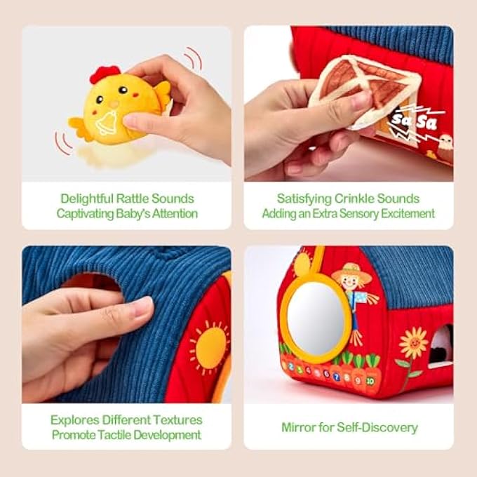 BABY TOYS 6-12 MONTHS - SURPRISE BARN WITH STUFFED FARM ANIMALS, RATTLE, CRINKLE PAPER, MIRROR - MONTESSORI TOYS FOR 6 MONTH OLD BABIES, SENSORY BALLS TODDLERS 1-3, 1 YEAR OLD BOY GIRL GIFTS - Image 3
