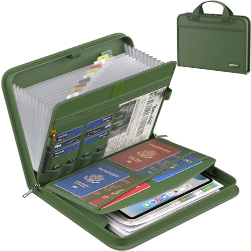 ENGPOW Accordion File Organizer,Fireproof Expanding File Folder with Multi Pockets,13 Pockets Document Organizer with Handle & Labels,Portable Home Travel Safe Storage for Letter A4 Files,Green - Image 1