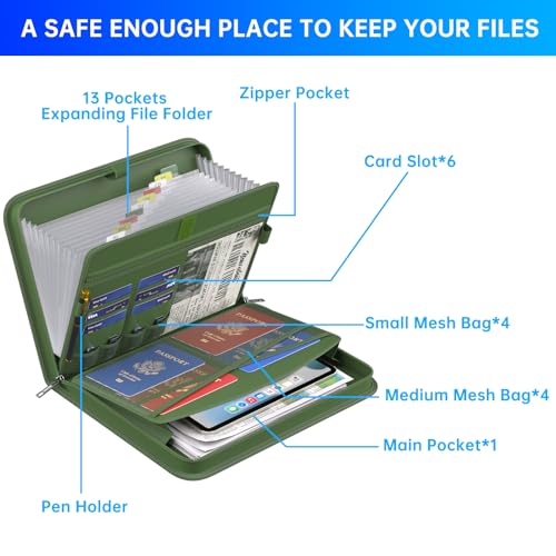 ENGPOW Accordion File Organizer,Fireproof Expanding File Folder with Multi Pockets,13 Pockets Document Organizer with Handle & Labels,Portable Home Travel Safe Storage for Letter A4 Files,Green - Image 5