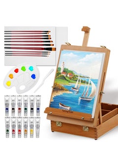 Falling In art Falling in Art Beechwood Easel Box Set, 27 Pcs Tabletop Acrylic Paint Set, Portable Display Easel Stand with 12 Acrylic Paints, Canvas Panels and Brushes, Suitable for Beginners and Professionals  - Image 1
