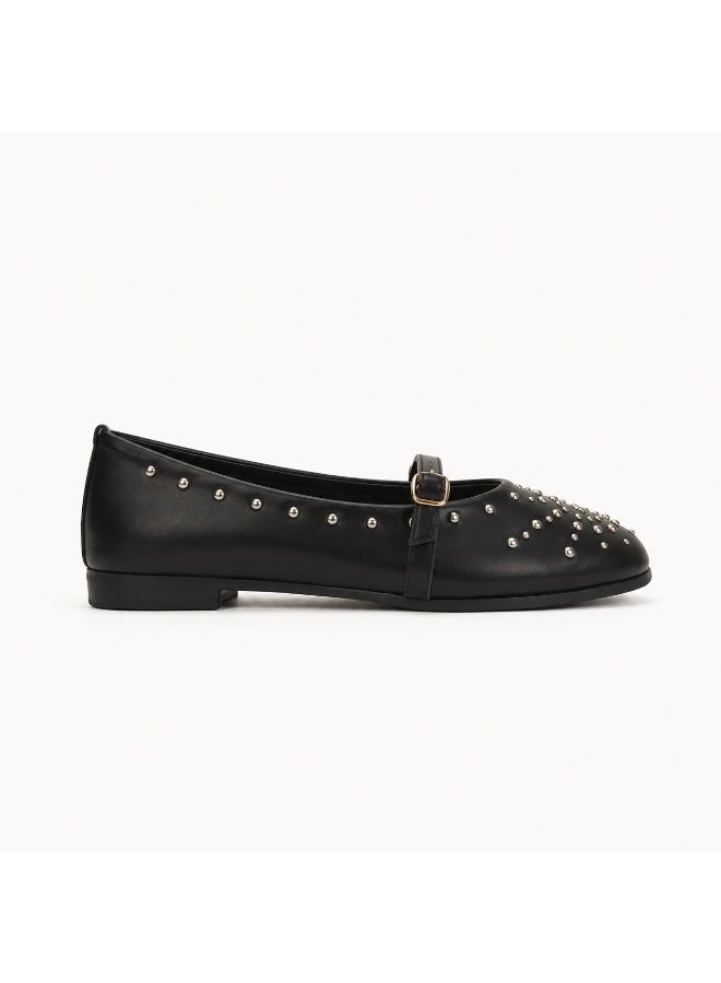 لايف ستيلاش  حذاء باليرينا جلد مطرز بمشبك BF-817 - أسود - Image 4