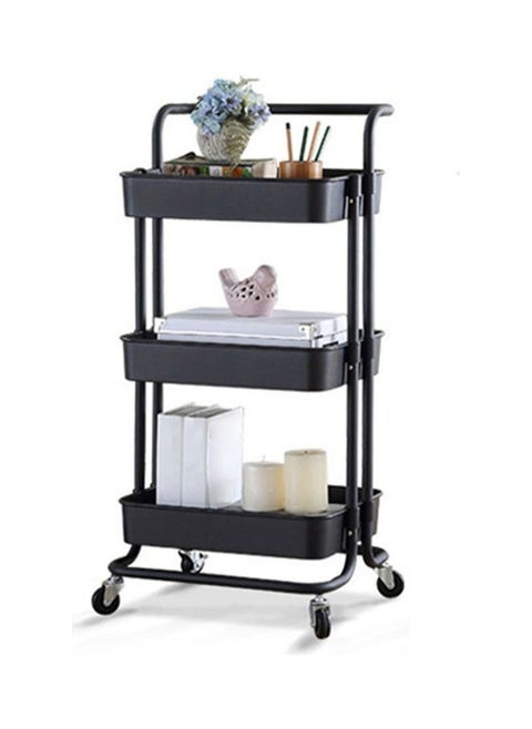 3-Tier Utility Cart Rolling Storage Shelf With Handles 2 Lockable Wheels Black 43X36X87 cm