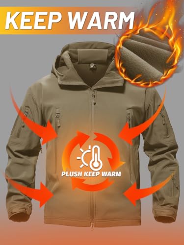 TACVASEN Jackets for Men's Water Resistant Rain Softshell Tactical Hoodie Winter Fleece Ski Snow Windproof Jacket Camping Khaki L - Image 3