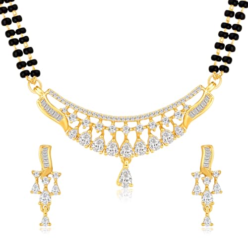 Peora Gold Plated Cubic Zirconia Studded Stylish Mangalsutra Drop Earrings Jewellery Set for Women - Image 1