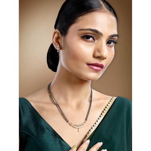 Peora Gold Plated Cubic Zirconia Studded Stylish Mangalsutra Drop Earrings Jewellery Set for Women - Image 2
