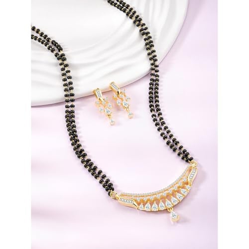 Peora Gold Plated Cubic Zirconia Studded Stylish Mangalsutra Drop Earrings Jewellery Set for Women - Image 3