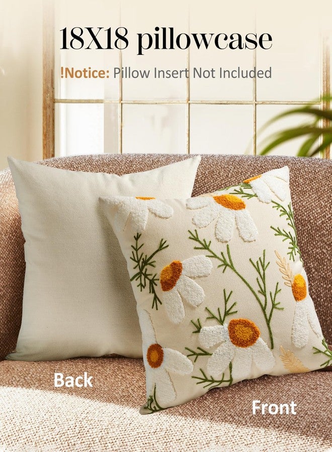 Kokaaee Embroidered Throw Pillow Covers - 18x18 Decorative Pillow Covers with Zipper Aesthetic Cute Design Boho Summer Cozy Throw Pillowcases for Living Room Couch Sofa Bed, White Daisy - Image 4