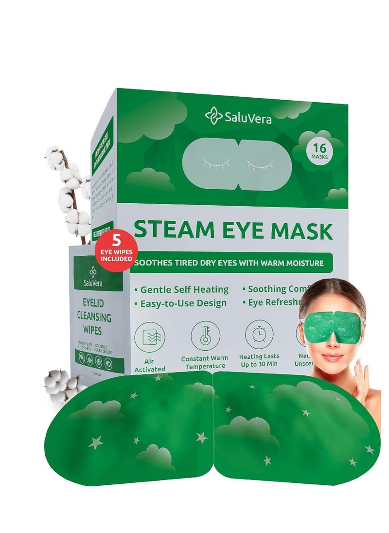 SaluVera Steam Eye Mask for Dry Eyes with 5 Eyelid Cleansing Wipes, Self Heating Eye Compress for Dry Eyes, Soothe and Relax with 40-50 min Spa Eye Mask, Self Warming Eye Mask for Well-Being 16 pcs  - Image 1