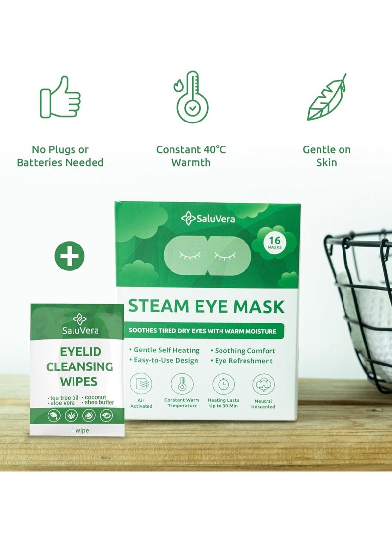 SaluVera Steam Eye Mask for Dry Eyes with 5 Eyelid Cleansing Wipes, Self Heating Eye Compress for Dry Eyes, Soothe and Relax with 40-50 min Spa Eye Mask, Self Warming Eye Mask for Well-Being 16 pcs  - Image 2