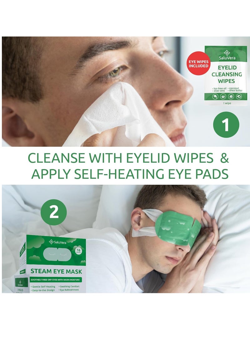 SaluVera Steam Eye Mask for Dry Eyes with 5 Eyelid Cleansing Wipes, Self Heating Eye Compress for Dry Eyes, Soothe and Relax with 40-50 min Spa Eye Mask, Self Warming Eye Mask for Well-Being 16 pcs  - Image 3