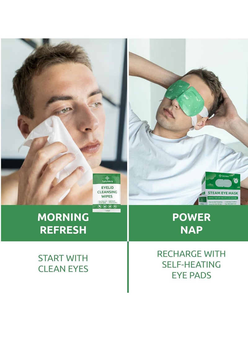 SaluVera Steam Eye Mask for Dry Eyes with 5 Eyelid Cleansing Wipes, Self Heating Eye Compress for Dry Eyes, Soothe and Relax with 40-50 min Spa Eye Mask, Self Warming Eye Mask for Well-Being 16 pcs  - Image 4