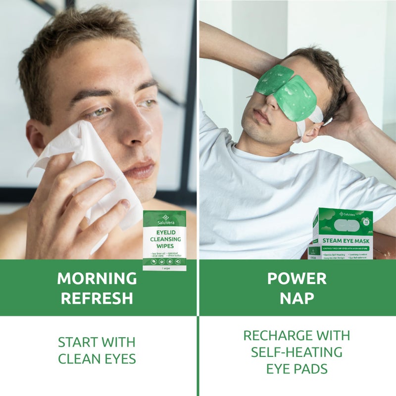 SaluVera Steam Eye Mask for Dry Eyes with 5 Eyelid Cleansing Wipes, Self Heating Eye Compress for Dry Eyes, Soothe and Relax with 40-50 min Spa Eye Mask, Self Warming Eye Masks for Well-Being 16 pcs - Image 3