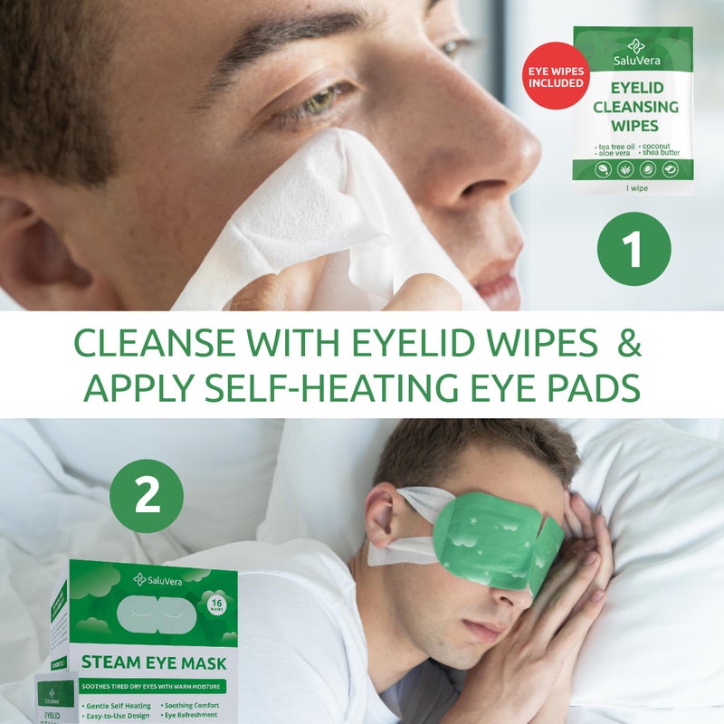 SaluVera Steam Eye Mask for Dry Eyes with 5 Eyelid Cleansing Wipes, Self Heating Eye Compress for Dry Eyes, Soothe and Relax with 40-50 min Spa Eye Mask, Self Warming Eye Masks for Well-Being 16 pcs - Image 2