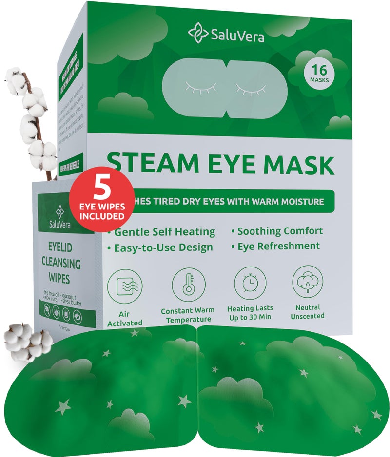 SaluVera Steam Eye Mask for Dry Eyes with 5 Eyelid Cleansing Wipes, Self Heating Eye Compress for Dry Eyes, Soothe and Relax with 40-50 min Spa Eye Mask, Self Warming Eye Masks for Well-Being 16 pcs - Image 1