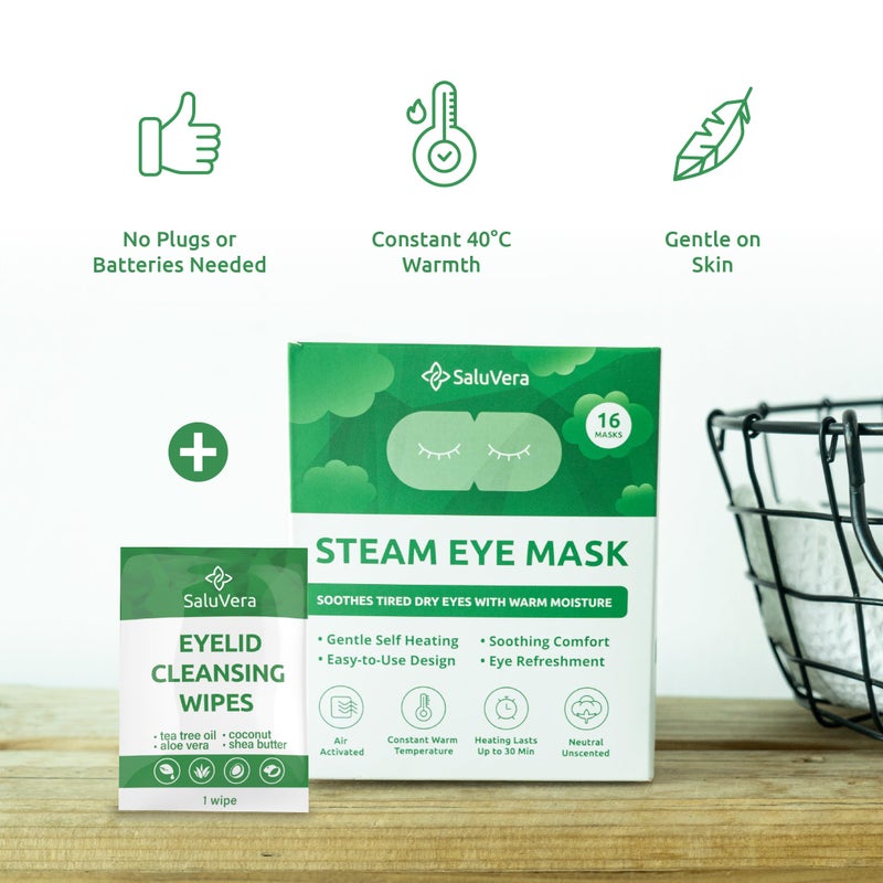 SaluVera Steam Eye Mask for Dry Eyes with 5 Eyelid Cleansing Wipes, Self Heating Eye Compress for Dry Eyes, Soothe and Relax with 40-50 min Spa Eye Mask, Self Warming Eye Masks for Well-Being 16 pcs - Image 4